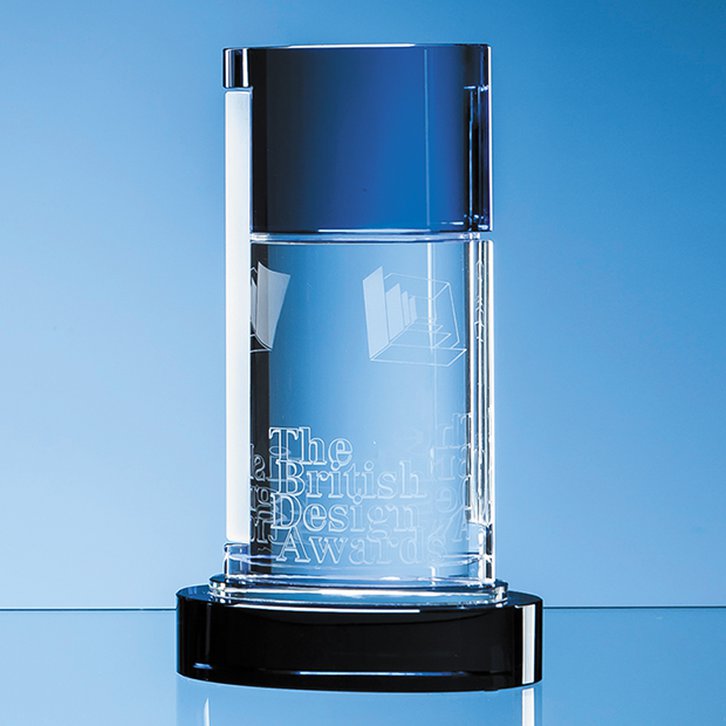 24cm Nik Meller Design Clear Optical Crystal & Cobalt Blue Seeq Oval Column Award