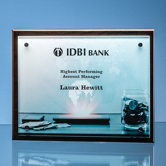 17.5cm x 22.5cm x 5mm Clear Glass Rectangle mounted on a 17mm Thick Brown Wood Plaque