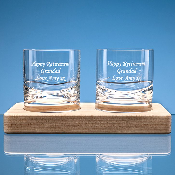2 off 310ml Verona Crystalite Whisky Tumblers on a Beech Wood Base