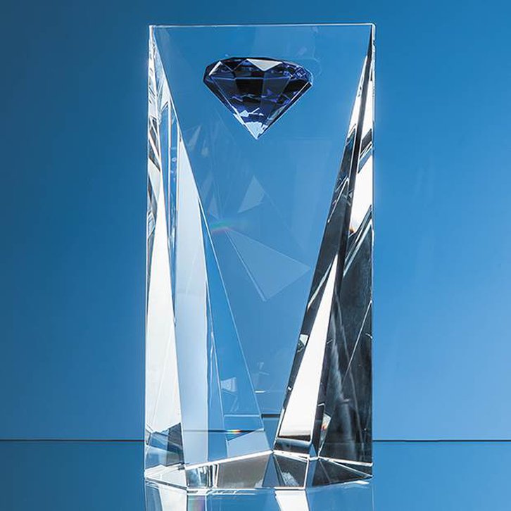 25cm Optical Crystal Facet Rectangle with a Mounted Sapphire Blue Diamond
