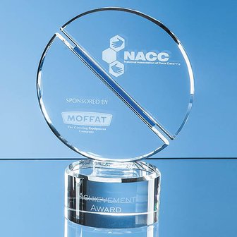 23.5cm Optical Crystal Mounted Circle Award with a Single Diagonal Cobalt Blue Line