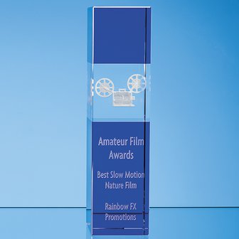 28cm Clear & Cobalt Blue Optical Crystal Square Column Award