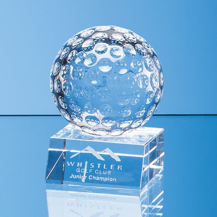 8cm Optical Crystal Golf Ball Mounted on a Clear Crystal Base