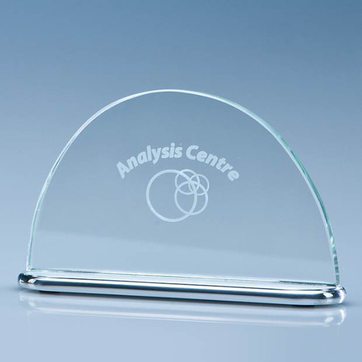 14cm x 8.5cm x 7mm Clear Glass Half Moon on an Aluminium Base