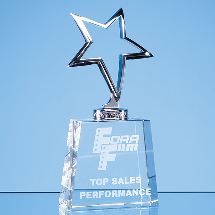 19.5cm Silver Star Mounted on an Optical Crystal Tapered Base
